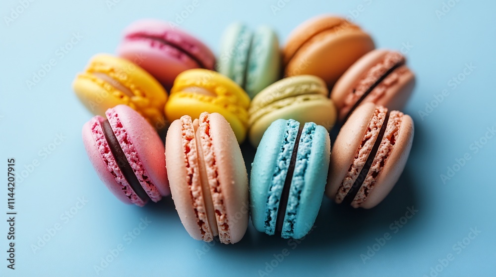 Colorful macarons arranged in a heart shape on a blue background. (1) Colorful macarons arranged in a heart shape on a blue background. (1)