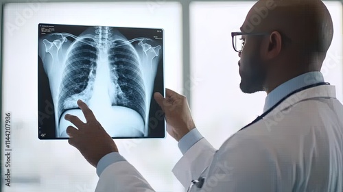 Cancer symptoms lumps concept. A doctor examines a chest X-ray, focusing on the lungs and ribs, in a well-lit medical setting.