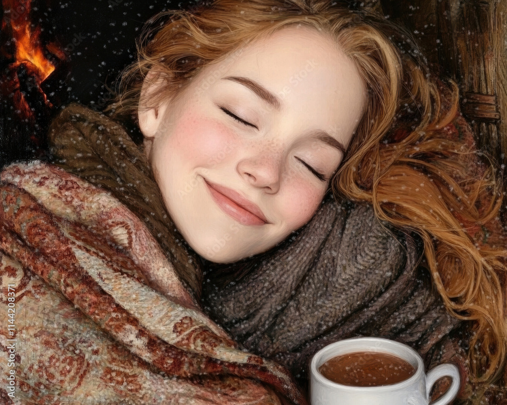 custom made wallpaper toronto digitalcozy woman with red hair smiles peacefully, wrapped in blankets, holding cup of hot chocolate by warm fire
