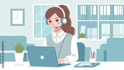 A female customer service person with a headset on her head smiles and poses in her office