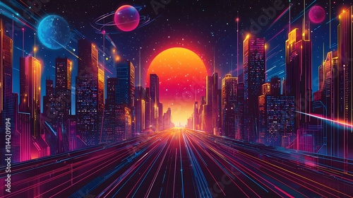 Neon Urban Vector with Space Elements and Digital Features