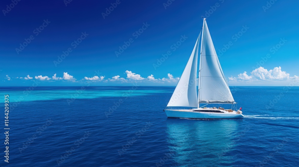 Obraz premium A sailboat is sailing on a blue ocean with a clear sky