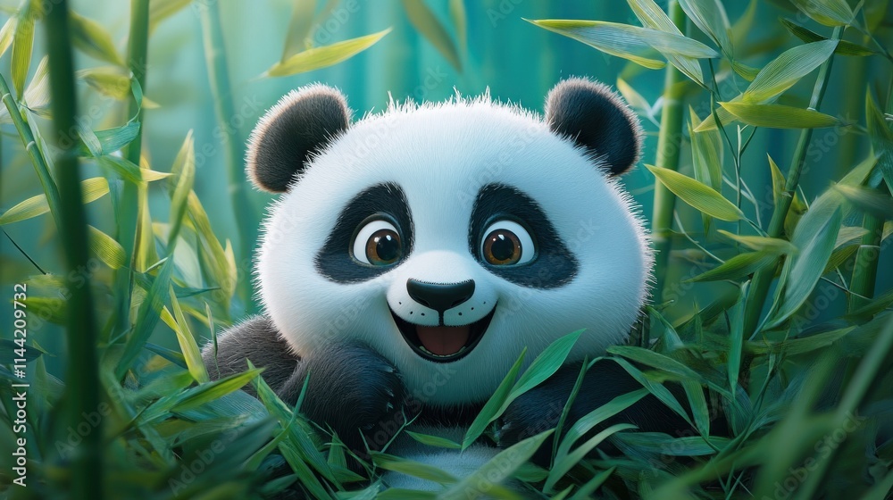 Adorable cartoon panda smiles in bamboo forest. Adorable cartoon panda smiles in bamboo forest.