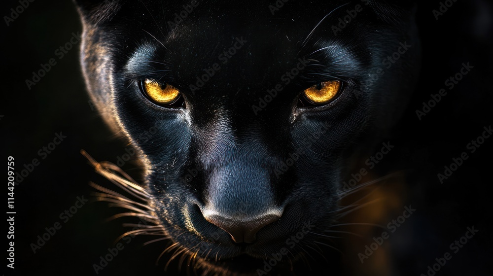 Close-up of a black panther with striking yellow eyes. Close-up of a black panther with striking yellow eyes.