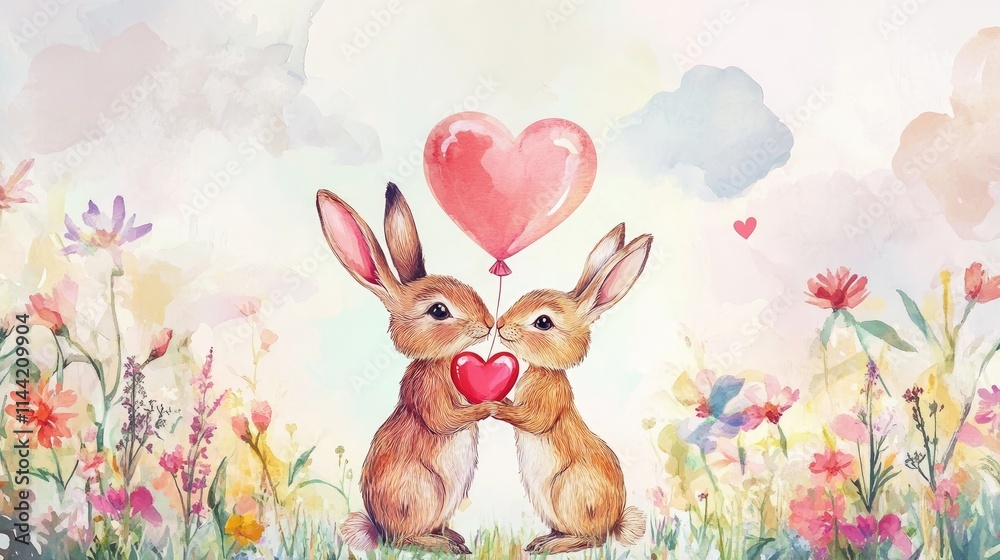 Obraz premium Two Adorable Bunnies Holding a Heart in a Colorful Floral Meadow with Soft Watercolor Background for Love and Spring Themes