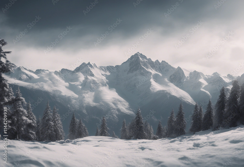 Snowy mountains on a Snowy mountains on a