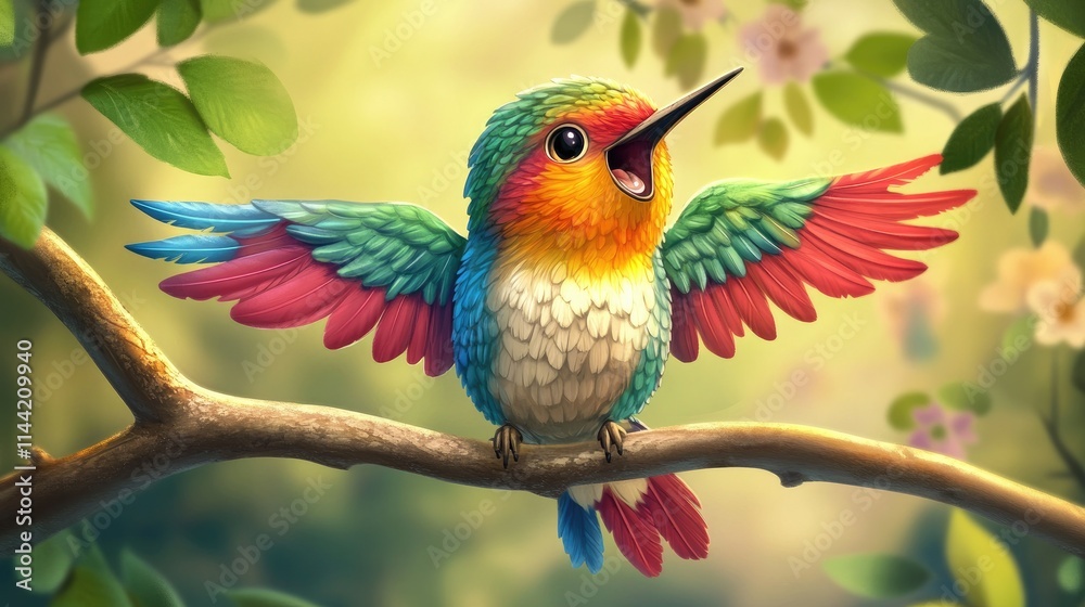 Fototapeta premium Colorful Hummingbird with Vibrant Plumage Singing on a Branch Surrounded by Blossoming Flowers in a Lush Green Background of Nature