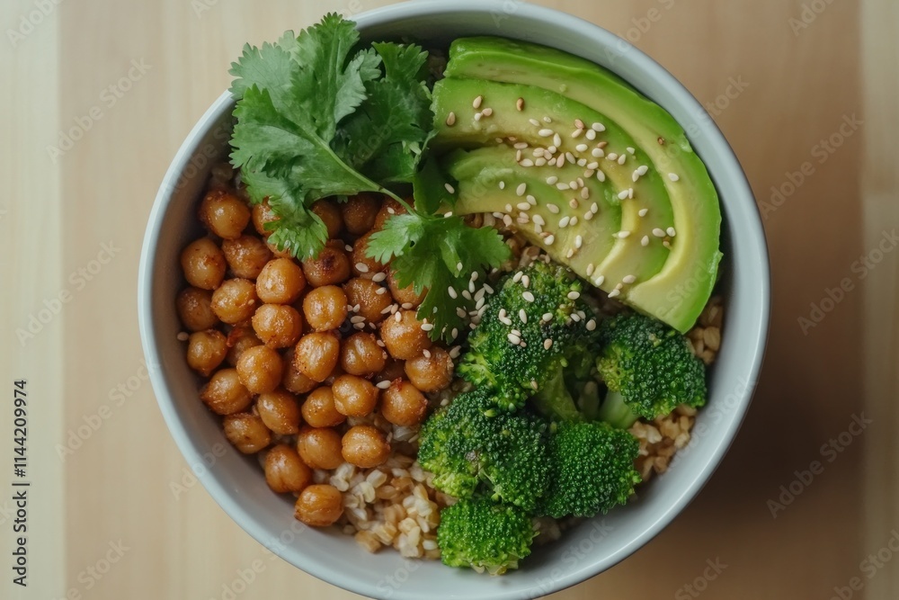 Bowl with chickpeas, avocado, broccoli, cilantro, sesame, and grain. Bowl with chickpeas, avocado, broccoli, cilantro, sesame, and grain.