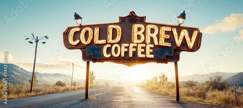 Sunrise Over Deserted Rural Road Leading Towards Rustic Neon Sign Advertising Coffee.
