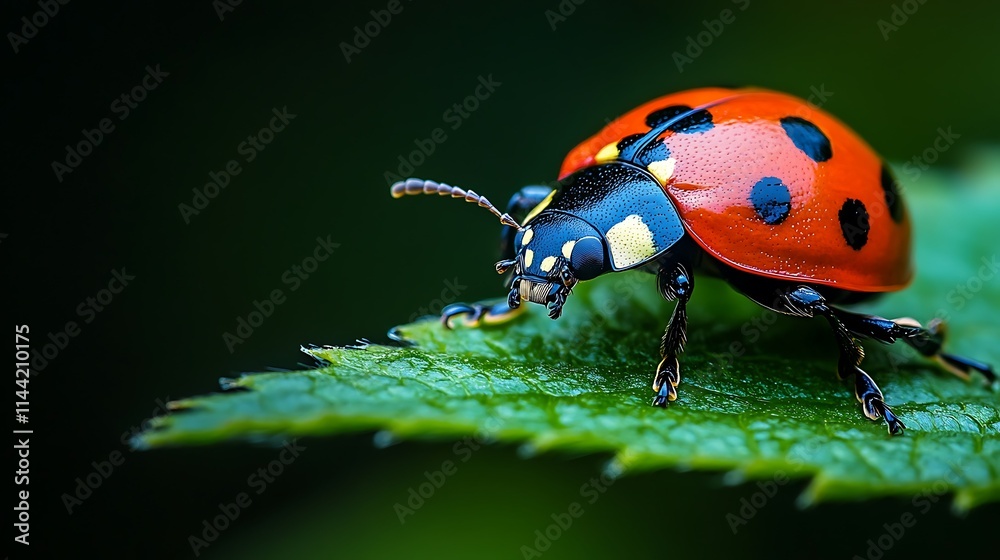 Fototapeta premium Close-up of a ladybug on a green leaf. (1)