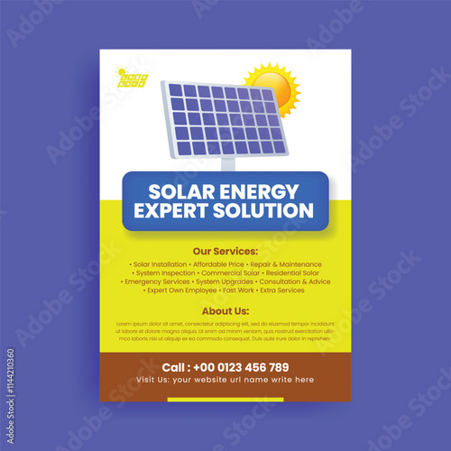 Solar power print Flyer poster editable template suitable for Solar panel installation and repair, maintenance services, leaflet, brochure cover design
