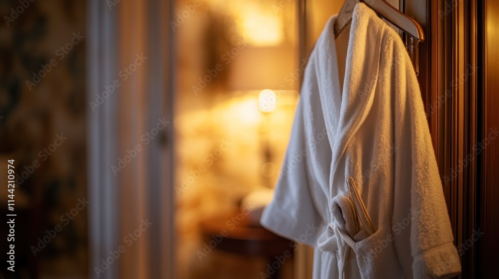 White robe hangs, soft lit room. White robe hangs, soft lit room.