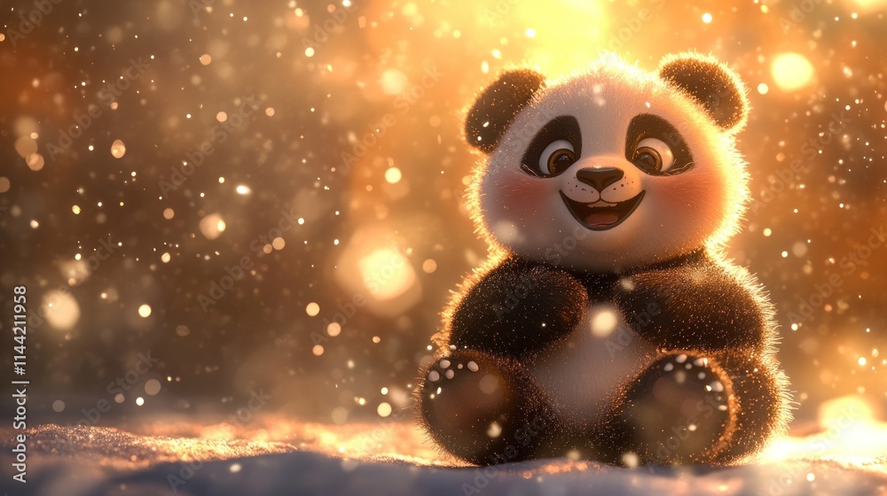 A cute cartoon panda sits smiling in a golden bokeh snowfall. A cute cartoon panda sits smiling in a golden bokeh snowfall.