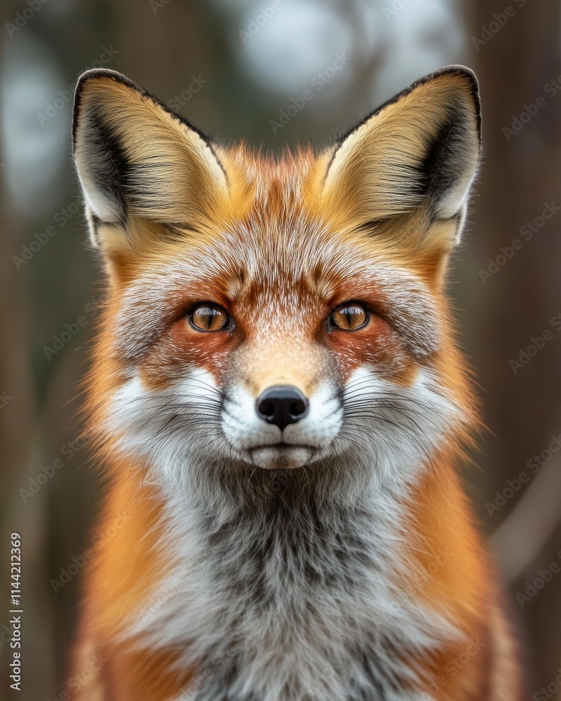 Red fox close-up portrait facing forward, with brown background. Red fox close-up portrait facing forward, with brown background.