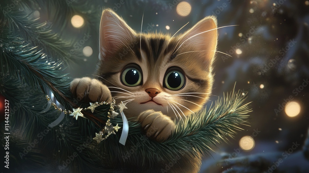Fototapeta Adorable kitten peeking through Christmas tree branches, surrounded by festive decorations and warm lights, evoking joy and holiday spirit in a magical winter setting