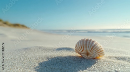 A single seashell resting on pristine sand with a blurred view of the ocean waves and a clear blue sky in the background.