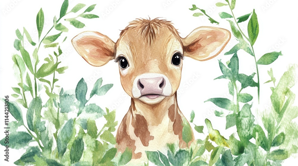 Cute and Charming Cow Portrait Surrounded by Lush Greenery in a Colorful Watercolor Style, Perfect for Children Decor and Farm Themed Illustrations Cute and Charming Cow Portrait Surrounded by Lush Greenery in a Colorful Watercolor Style, Perfect for Children Decor and Farm Themed Illustrations