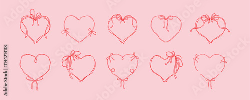 Valentines day elegant greeting card template. Cute line art hand drawn bow ribbon heart frame. Romantic love drawing. Coquette, flirtation, girly concept. Menu, wedding, Birthday invitation design