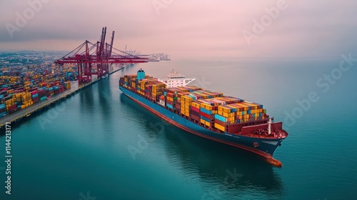 Cargo ship loaded at port terminal, cranes and containers seen.