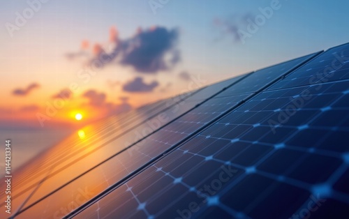 Wallpaper Mural A glowing solar panels angled towards the sun, with a blurred ocean horizon creating a serene backdrop Torontodigital.ca