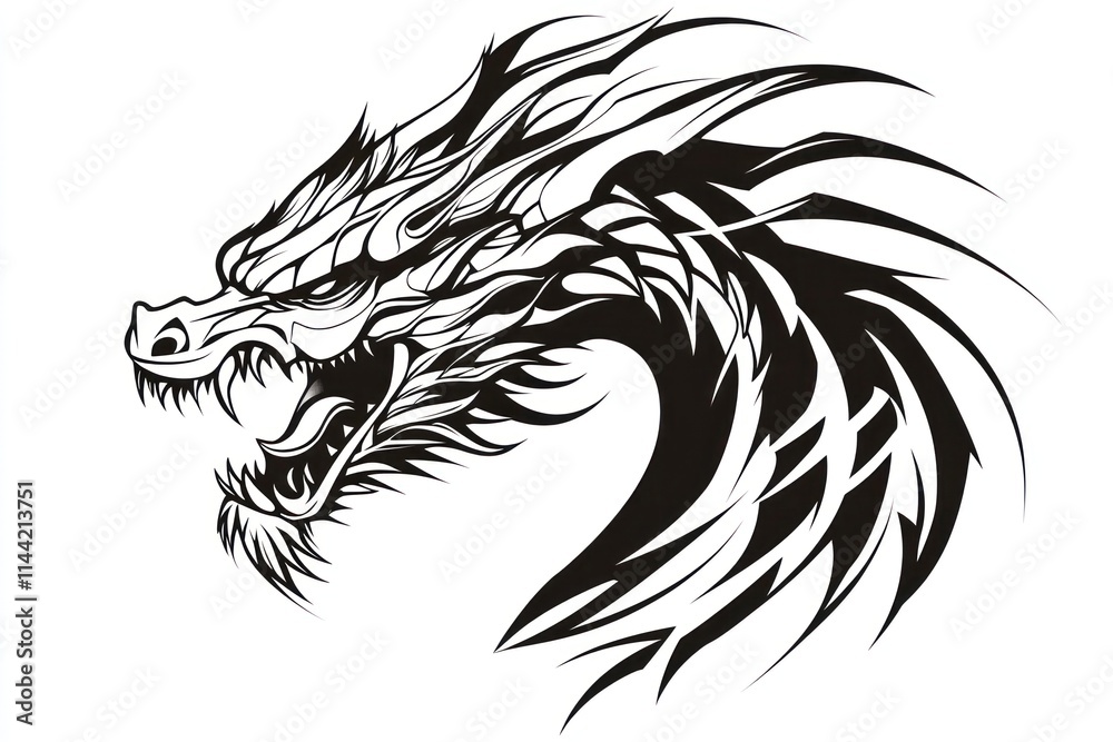 Detailed dragon head illustration in black and white. Detailed dragon head illustration in black and white.