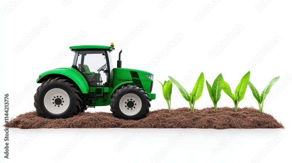Obraz premium A green toy tractor next to young corn plants in soil, illustrating farming and agriculture themes.