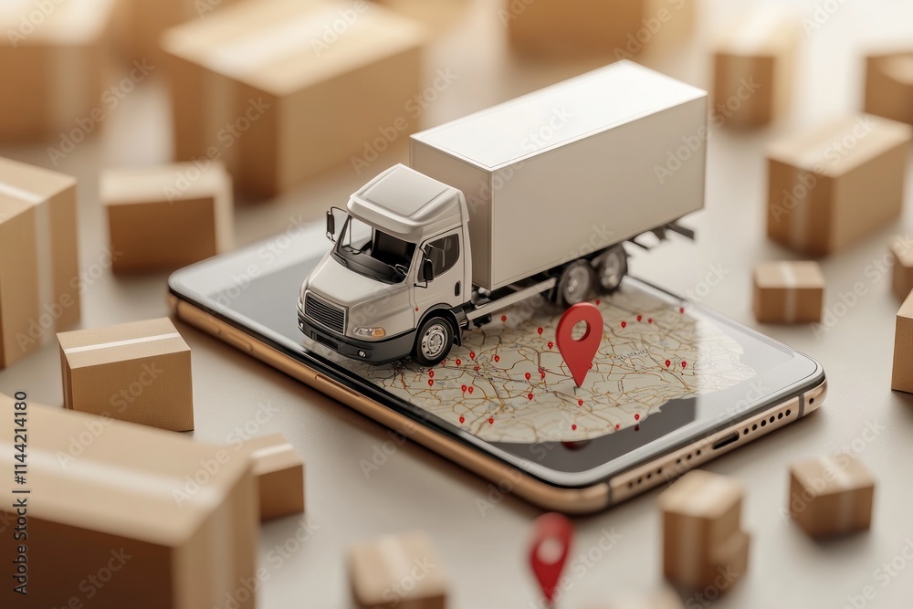 Truck on phone screen with boxes. Truck on phone screen with boxes.