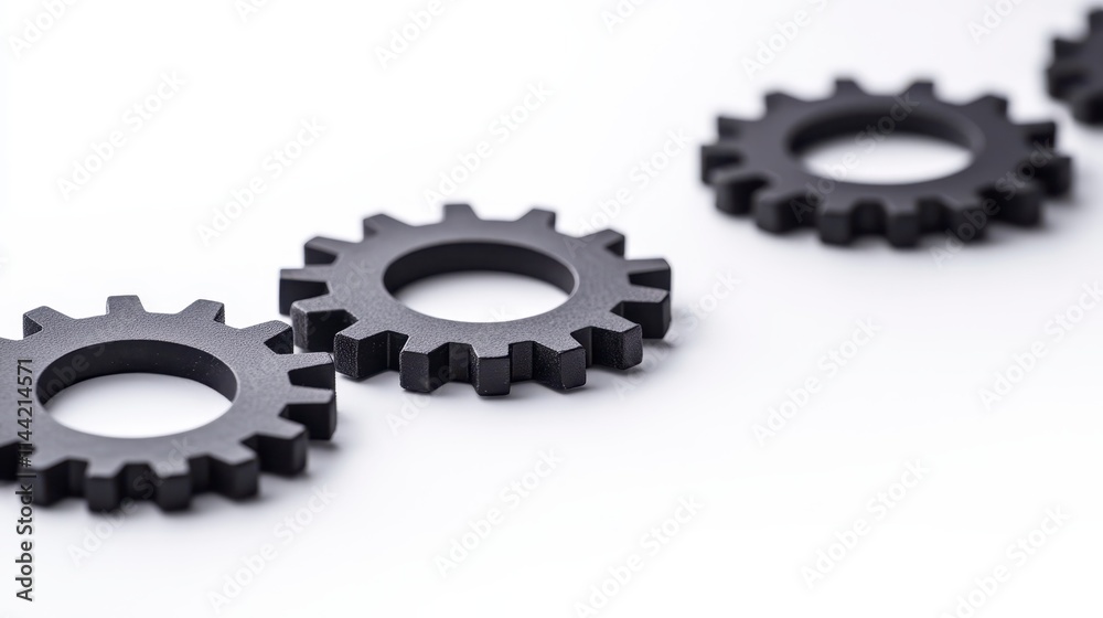 Black gears arranged in a linear formation on a white background, highlighting engineering and mechanical design elements. Black gears arranged in a linear formation on a white background, highlighting engineering and mechanical design elements.