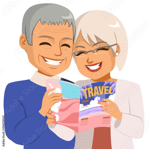 Vector illustration of senior couple reading travel guidebook planning trip destination. Active pensioner married people enjoying preparing vacation