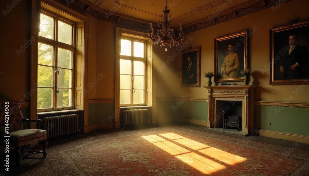 Fototapeta premium Classic interior with tall windows, hardwood floor, and fireplace, featuring historic portraits and warm natural light atmosphere.