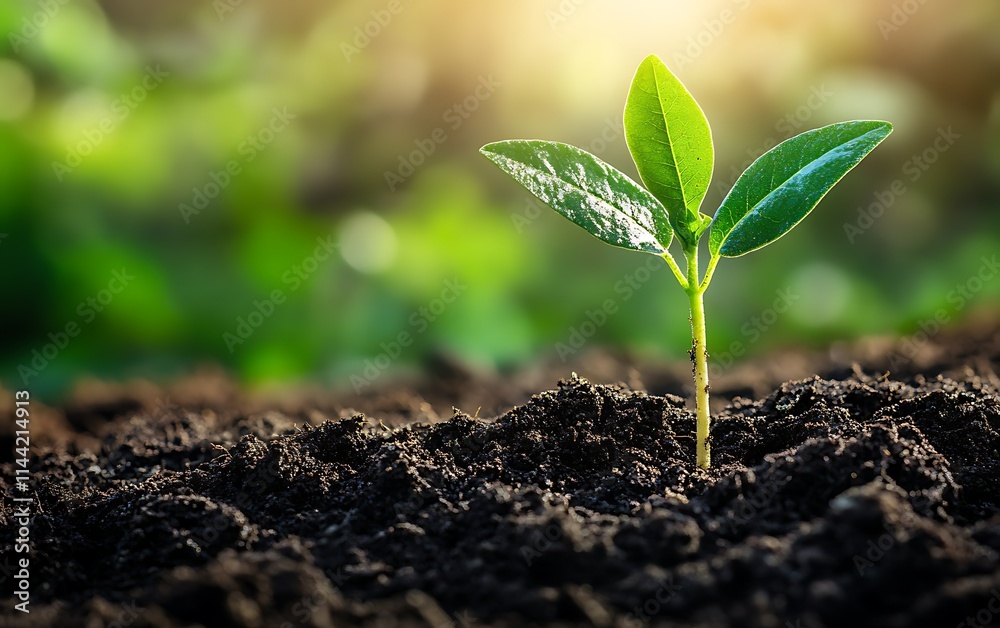 A young sprout emerges from dark soil, bathed in sunlight. A young sprout emerges from dark soil, bathed in sunlight.