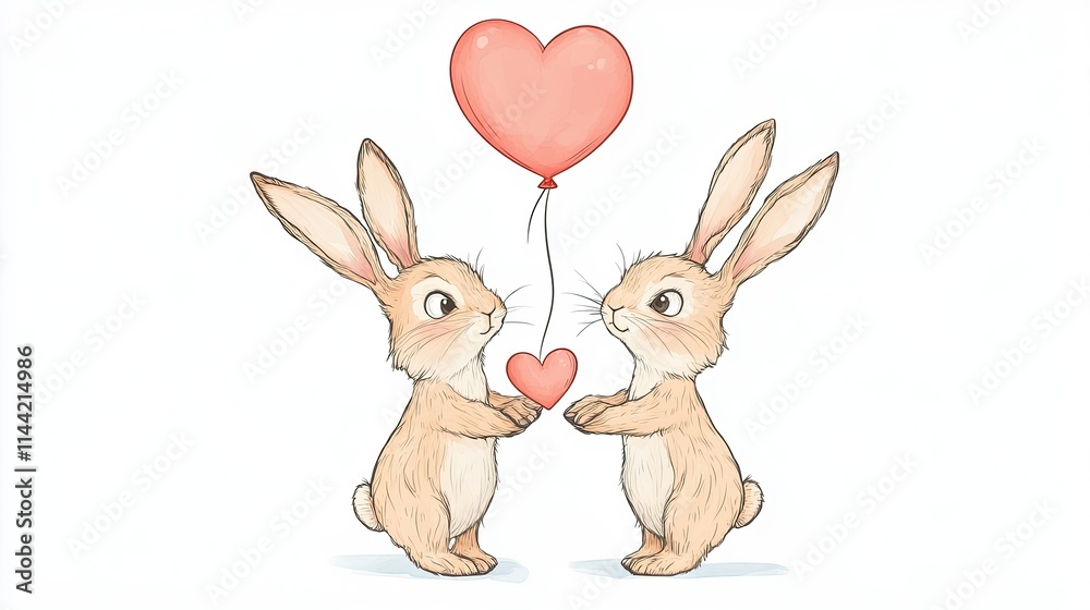 Fototapeta premium Cute and Playful Rabbits Holding a Heart-Shaped Balloon in a Romantic Illustration for Valentine's Day, Sweet and Charming Cartoon Style Perfect for Celebrations