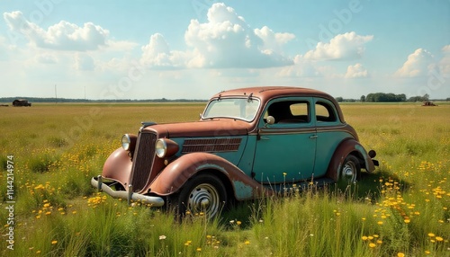 Vintage red car parked in rural field with wildflowers and tall grass, classic design and elegant swan hood ornament.