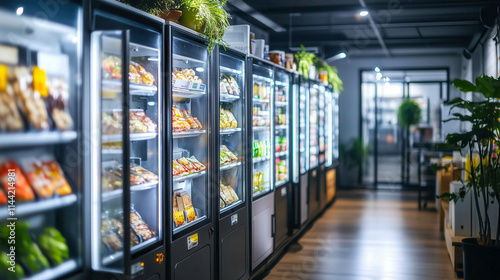Row of smart refrigerated vending machines selling fresh food and drinks in modern office interior photo