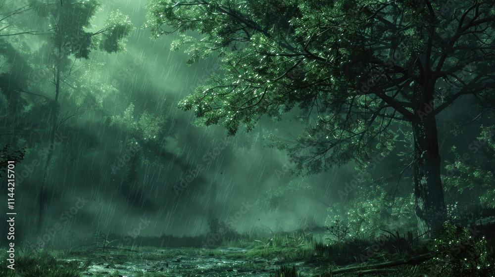 Fototapeta premium Forest Rain. Dark Summer Landscape with Green Ground and Misty Fog