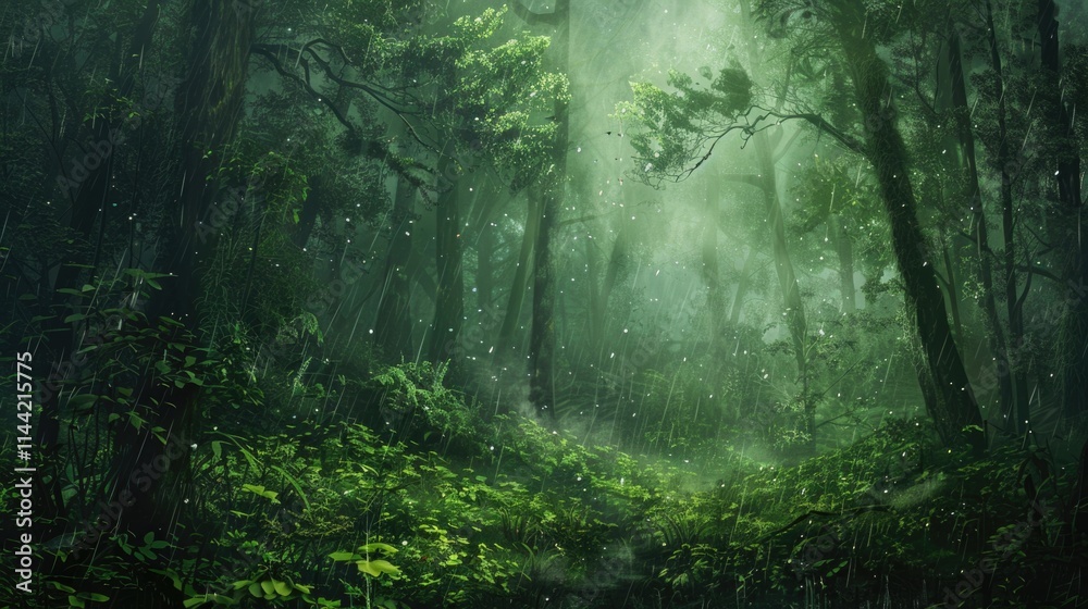 Obraz premium Forest Rain. Dark Summer Landscape with Green Mist and Fog