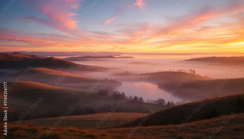 Breathtaking sunset over rolling hills and valleys in misty rural landscape with warm orange hues at dusk. Breathtaking sunset over rolling hills and valleys in misty rural landscape with warm orange hues at dusk.