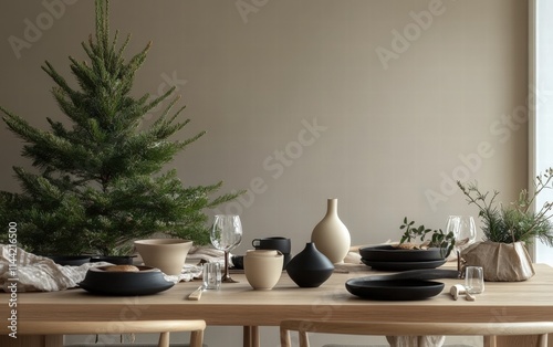A minimalist dining space with a simple green tree, natural decor accents, and holiday-themed tableware