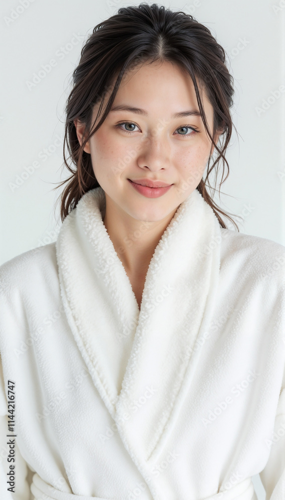 Young Asian woman in white bathrobe smiling confidently against white background, spa and wellness Young Asian woman in white bathrobe smiling confidently against white background, spa and wellness
