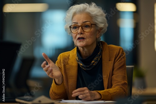 Senior woman leading a business meeting in a modern office. Business leader, older woman, workplace equality concept. photo