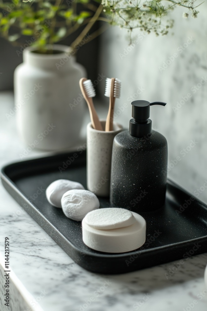 Bathroom items on a tray, with plants in the background. Bathroom items on a tray, with plants in the background.