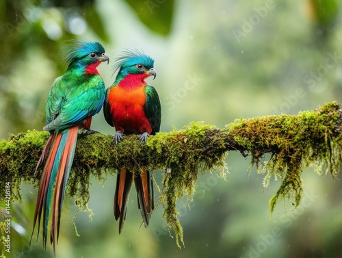 Pair of resplendent quetzals on mossy branch.