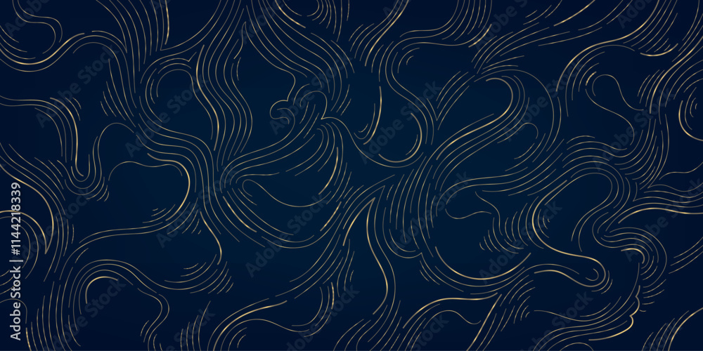 Vector gold line wood texture illustration, organic shape wave pattern, abstract luxury tree graphic, trunk circles, topography map background