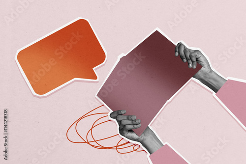 Composite trend artwork sketch image photo collage of incognito wrist hand hold finger open book student read message sms speech dialog photo