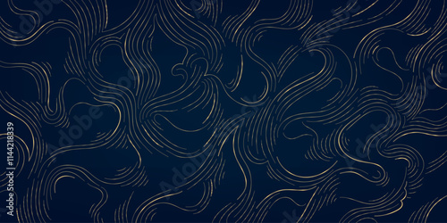 Vector gold line wood texture illustration, organic shape wave pattern, abstract luxury tree graphic, trunk circles, topography map background