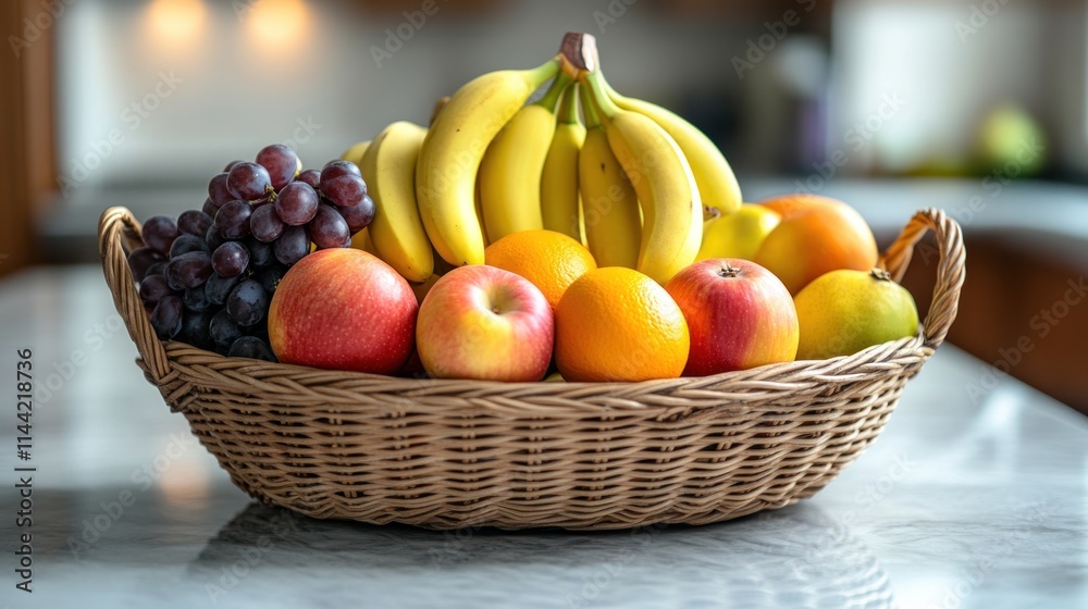 Fruits in woven basket on a kitchen counter. Fruits in woven basket on a kitchen counter.