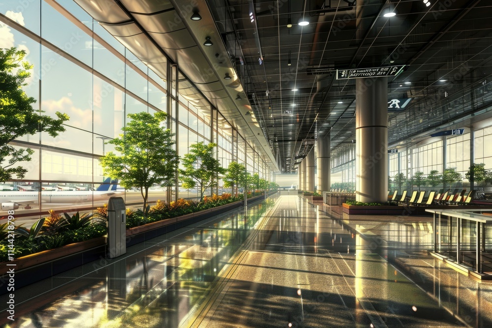 Obraz premium Sunlight is shining through the large windows of an empty airport terminal
