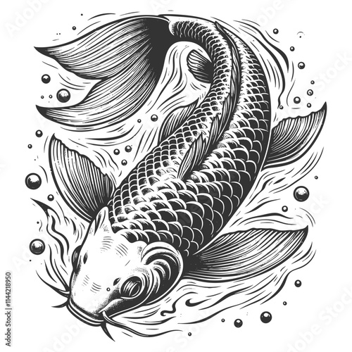 koi fish with elegant, flowing fins and intricate scales, symbolizing tranquility and beauty sketch engraving generative ai vector illustration. Scratch board imitation. Black and white image.