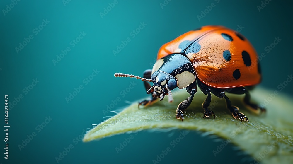 Fototapeta premium Close-up of a ladybug on a green leaf against a teal background.