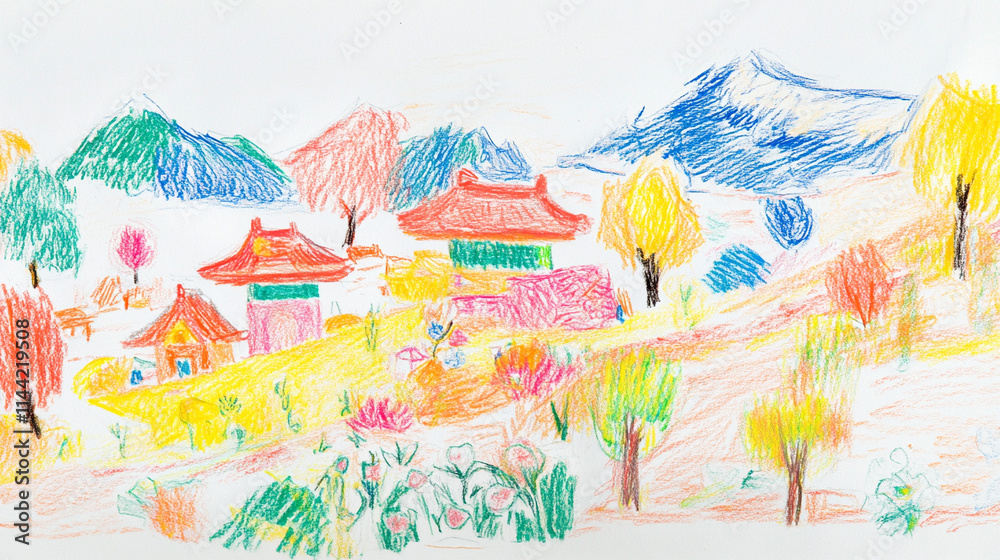 Obraz premium クレヨンで描いた日本の春の野山の風景画 Generative AI